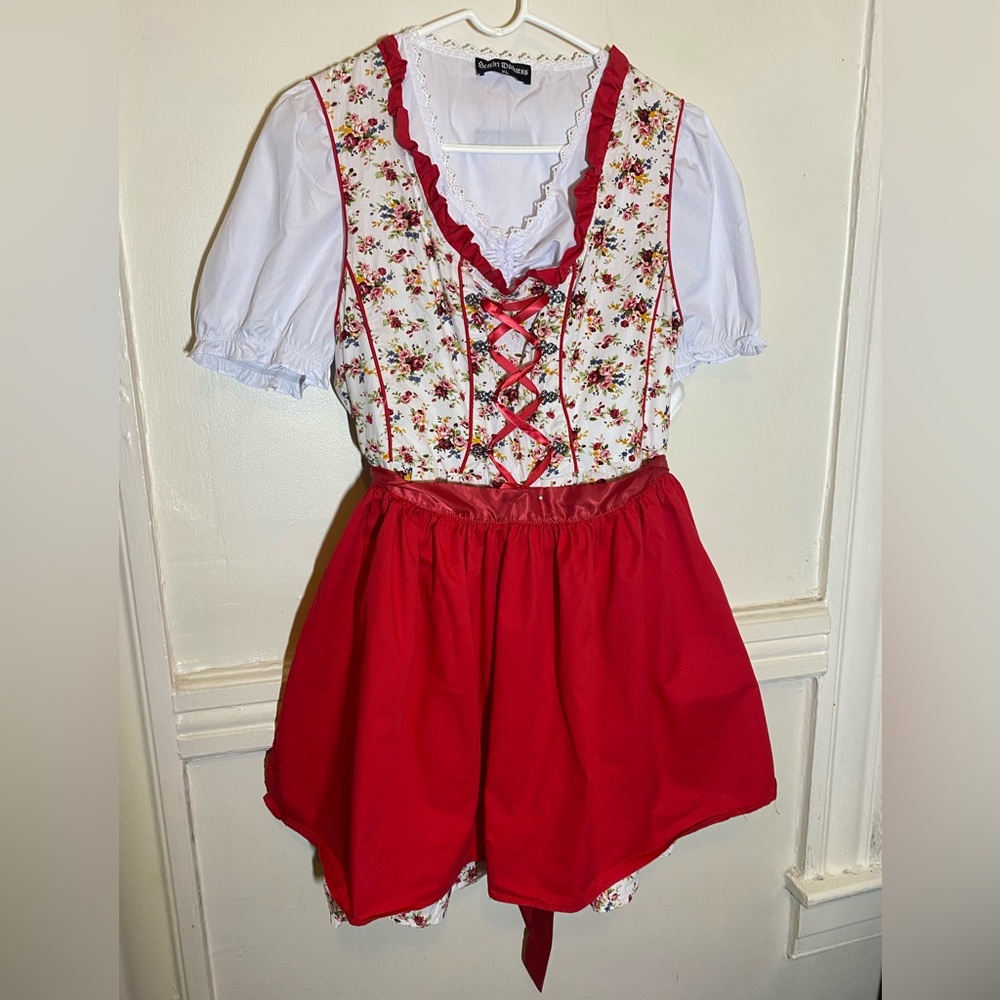 Red and White Floral German Style Dirndl Dress Xl